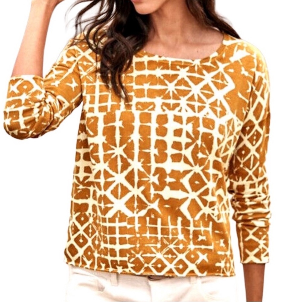 Garnet Hill Batik Mustard & Cream Geometric Boatneck Silk Blend Sweater Size XL